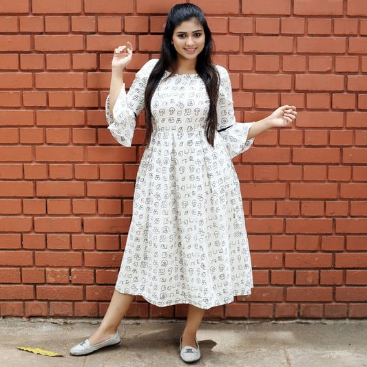 White Tamil Print Dress